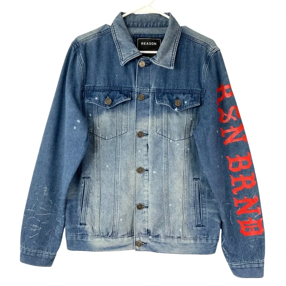 Reason Blue Button Up Gradient Denim Jacket M Collar Long Sleeve Graphic Print - Picture 1 of 9
